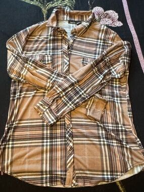 Rue21 Brown Plaid Shirt with Cream and Black Stripes